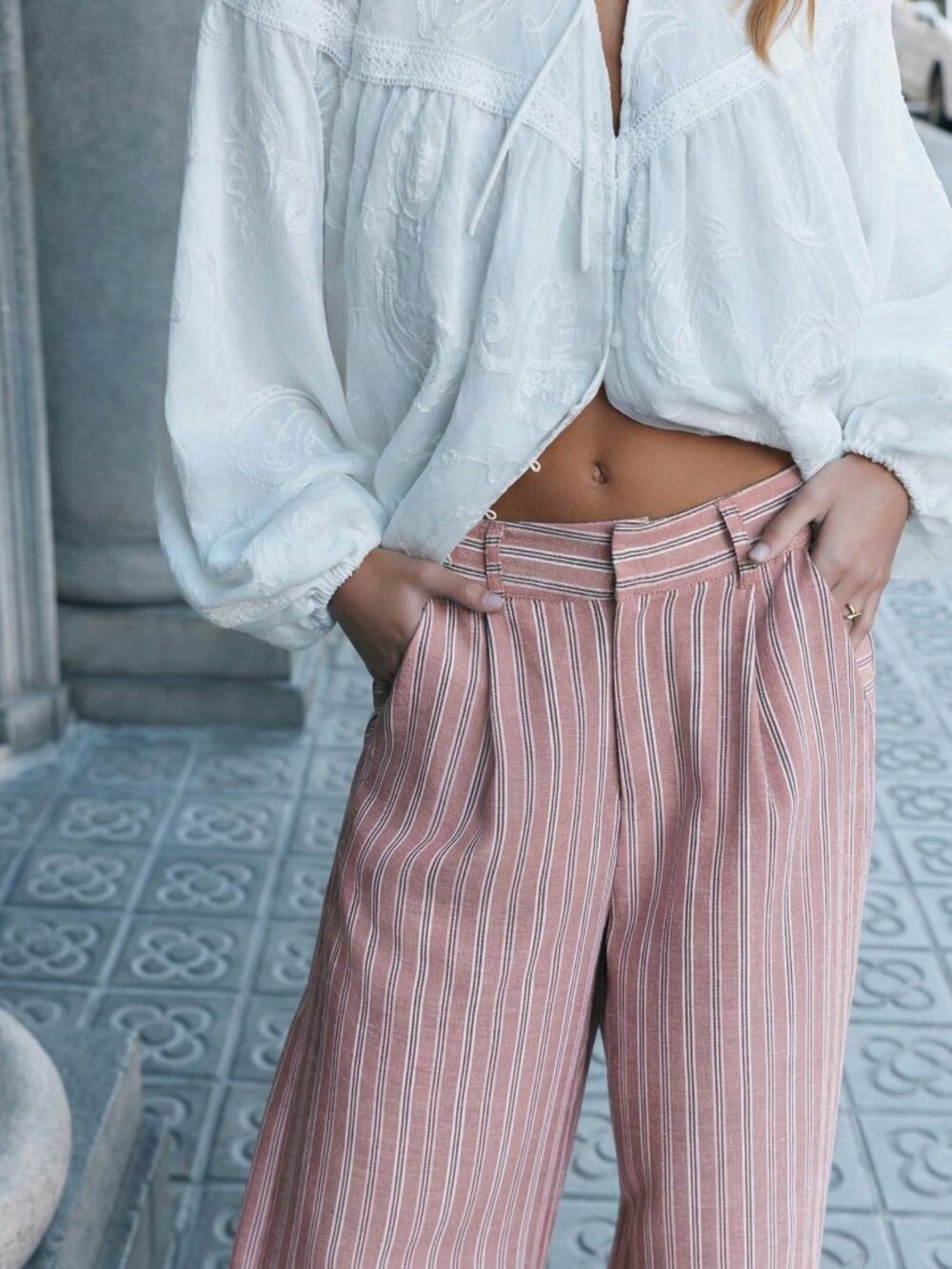 Baby Pink Casual Women's Mid Rise Long Pants - Picture 5 of 7